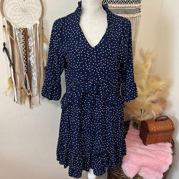 Navy & Polka Dot Tiered Ruffled Dress/ 3/4 Sleeves with Bell/Ruffled/ Size Small - Picture 2 of 9